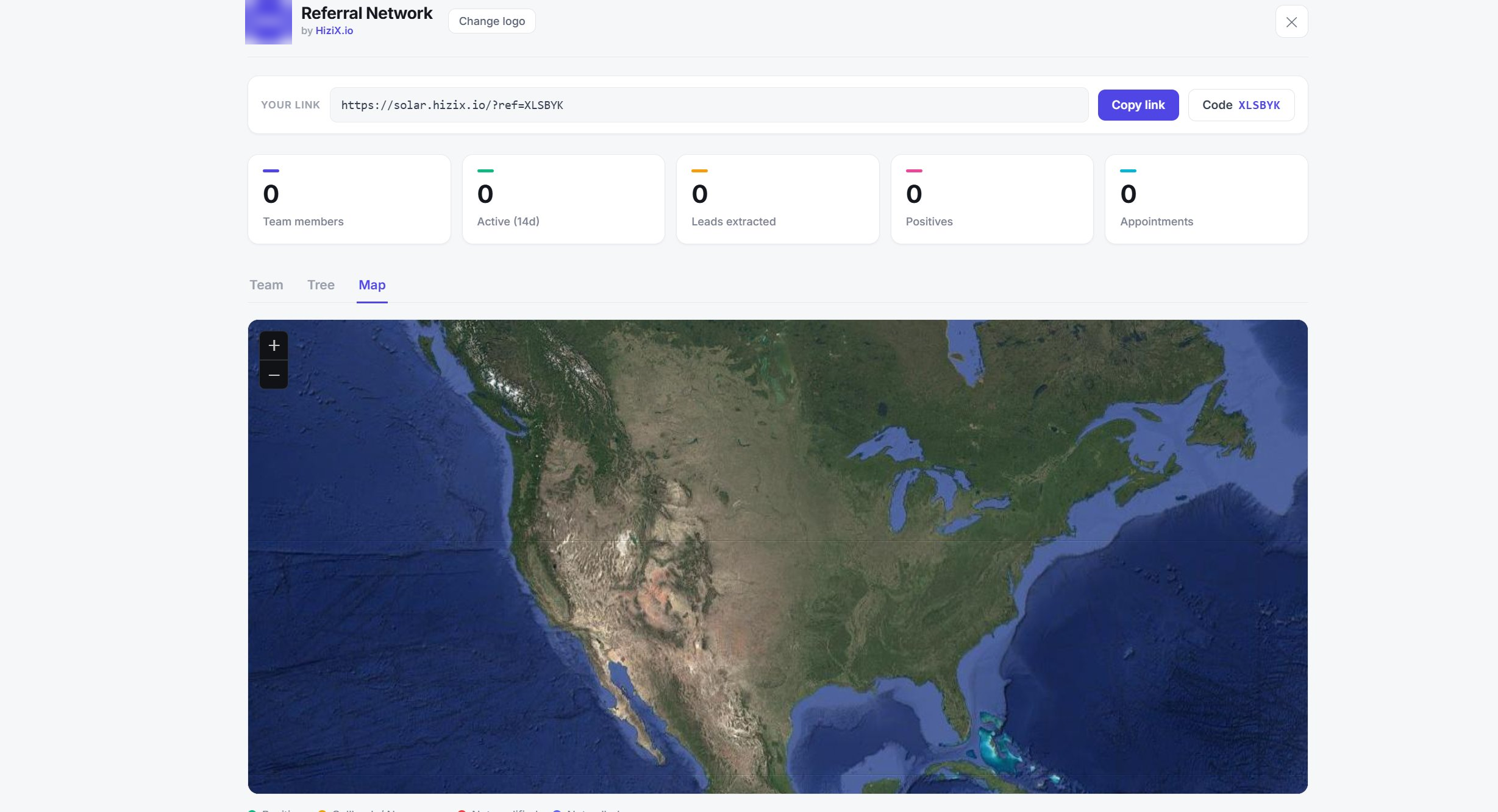 Done For You Solar Referral Network dashboard with live map and counters