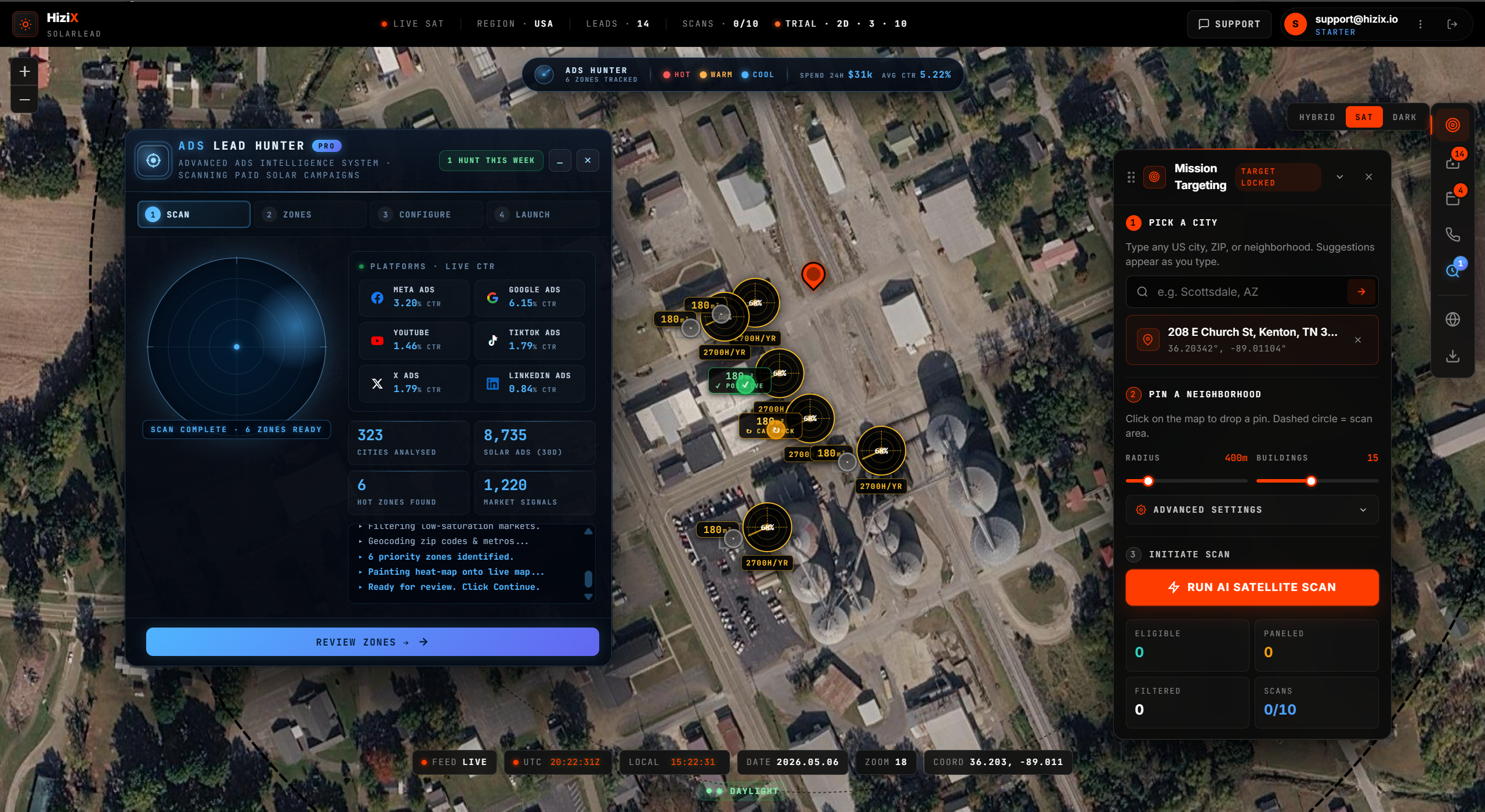 Done For You Solar satellite scan interface with trial usage indicator and target lock