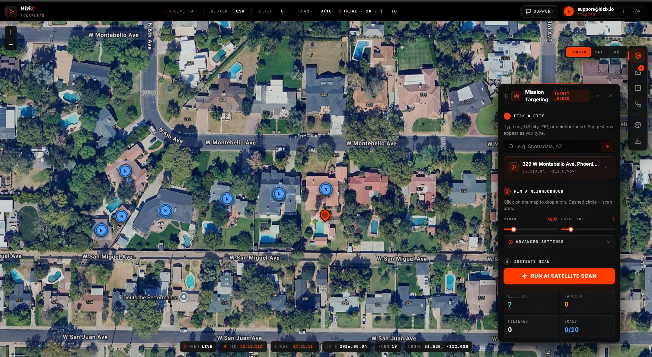 Done For You Solar dashboard — Mission Targeting panel with neighborhood markers identifying solar-ready homes
