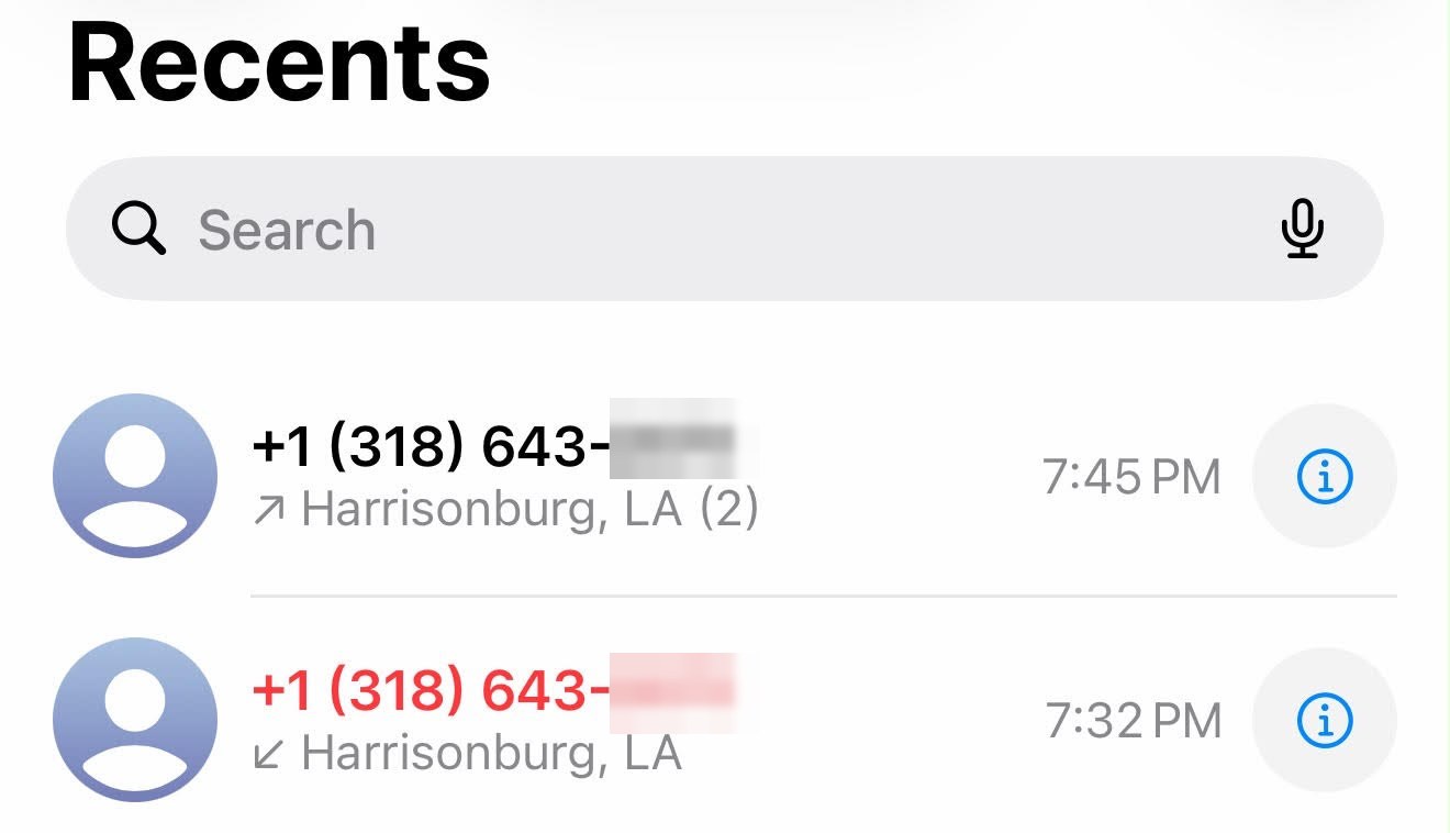 Real outbound call from a Done For You Solar-provisioned number in the phone's recents list, with no Spam Likely label