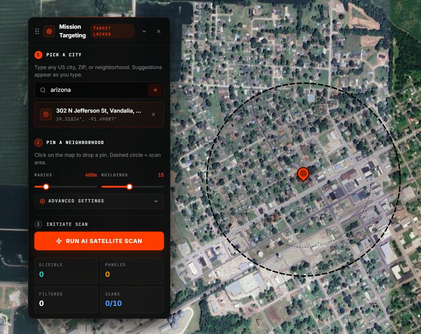 Done For You Solar Mission Targeting panel — pick a city, drop a pin, set radius and run AI satellite scan over a chosen US neighborhood