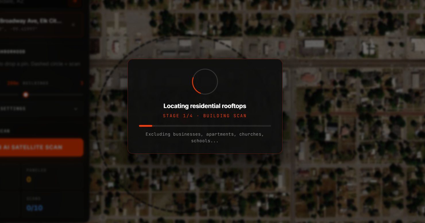 AI satellite scan in progress — Stage 1 of 4, locating residential rooftops while excluding businesses, apartments, churches and schools